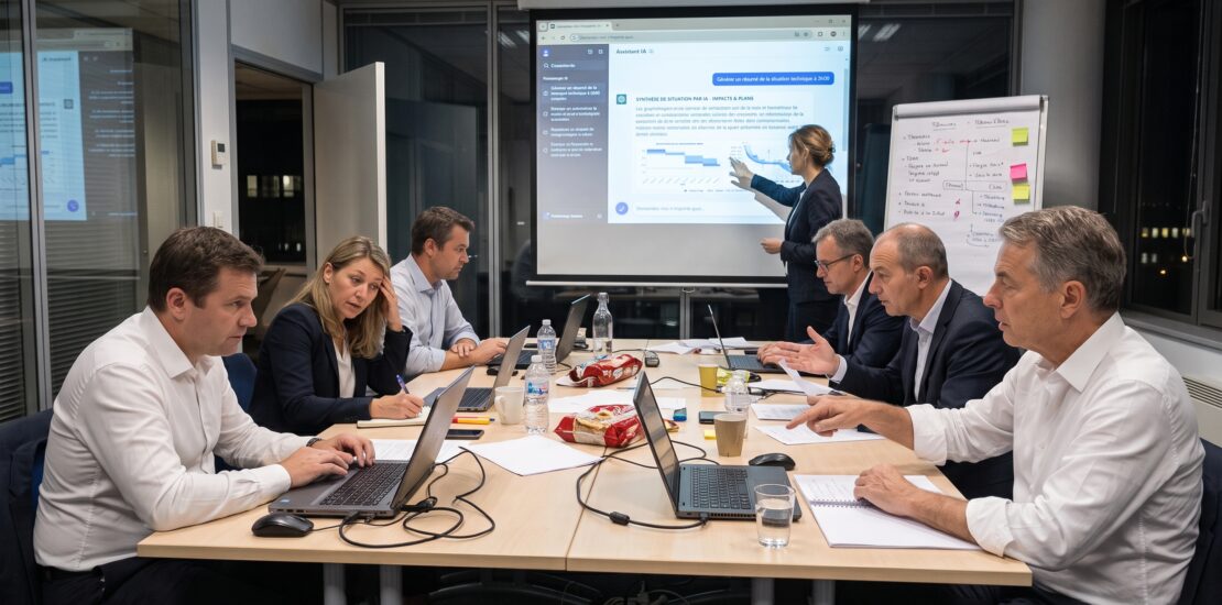 Cellule de crise réunie de nuit autour d'une table, avec ordinateurs portables, écran projetant un assistant d'IA et paperboard