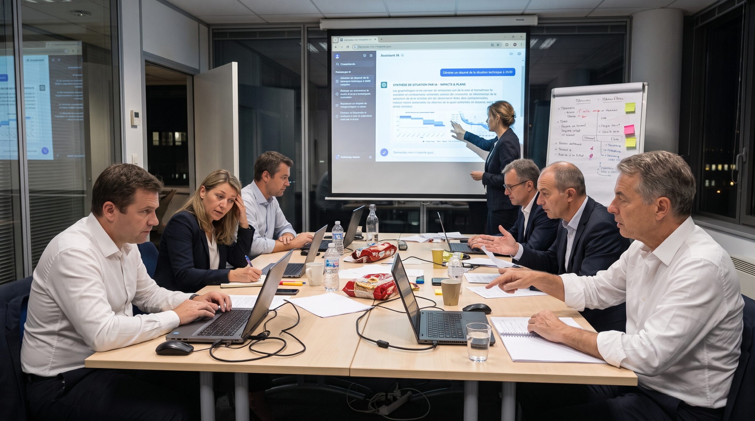 Cellule de crise réunie de nuit autour d'une table, avec ordinateurs portables, écran projetant un assistant d'IA et paperboard